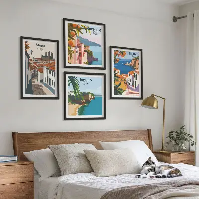 Zestaw obrazów dekoracyjnych retro ilustracje miast świata
