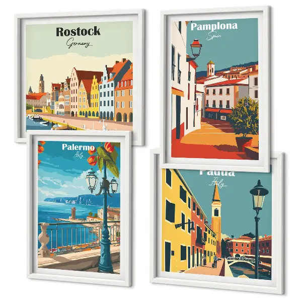 Miasta retro ilustracje zestaw 4 obrazów w ramie
