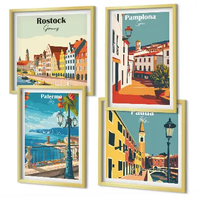 Miasta retro ilustracje zestaw 4 obrazów w ramie