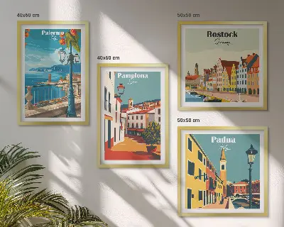 Miasta retro ilustracje zestaw 4 obrazów w ramie