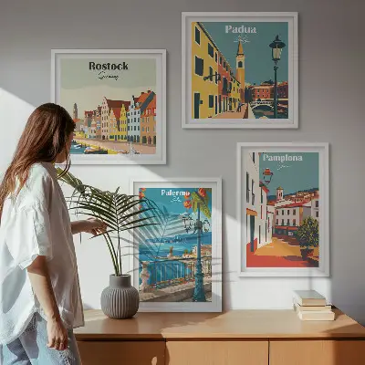Miasta retro ilustracje zestaw 4 obrazów w ramie