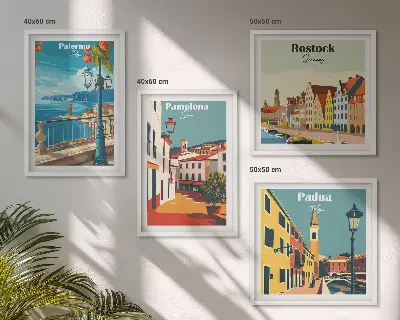 Miasta retro ilustracje zestaw 4 obrazów w ramie