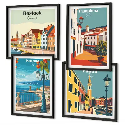 Miasta retro ilustracje zestaw 4 obrazów w ramie