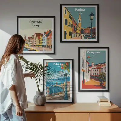 Miasta retro ilustracje zestaw 4 obrazów w ramie