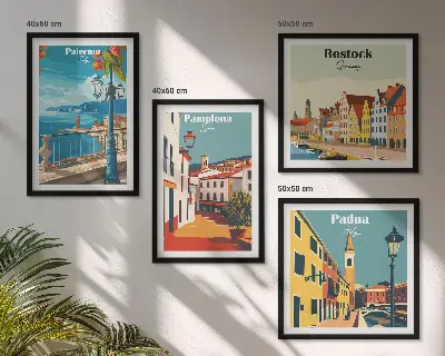 Miasta retro ilustracje zestaw 4 obrazów w ramie