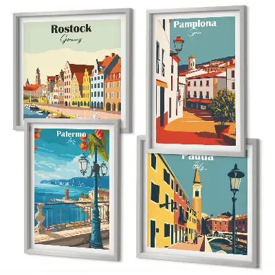 Miasta retro ilustracje zestaw 4 obrazów w ramie