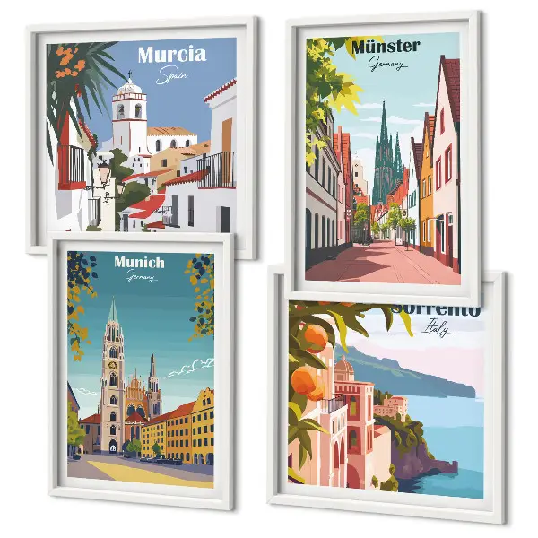 Miasta Europy kolorowe ilustracje poliptyk w ramie