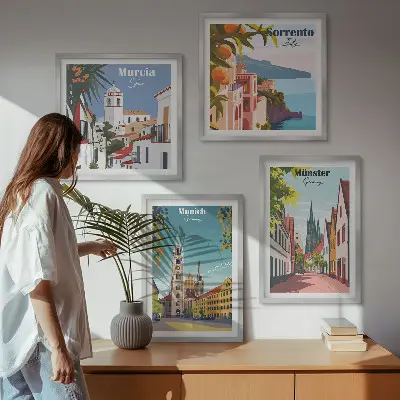 Miasta Europy kolorowe ilustracje poliptyk w ramie