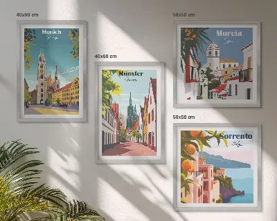 Miasta Europy kolorowe ilustracje poliptyk w ramie