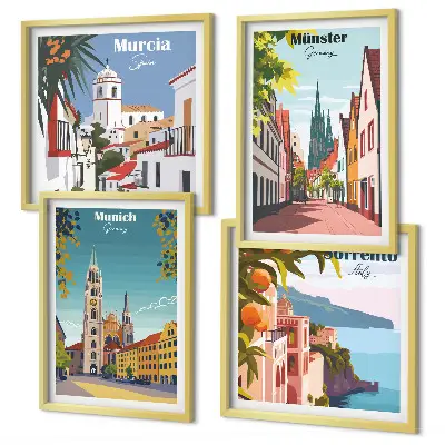 Miasta Europy kolorowe ilustracje poliptyk w ramie