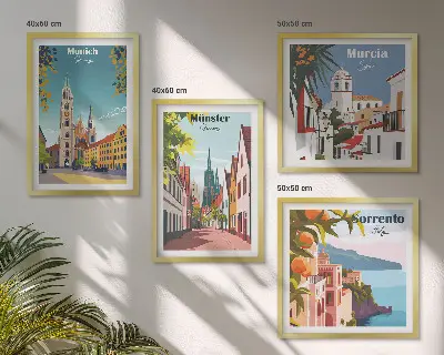 Miasta Europy kolorowe ilustracje poliptyk w ramie