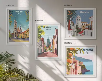 Miasta Europy kolorowe ilustracje poliptyk w ramie