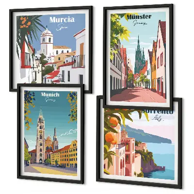 Miasta Europy kolorowe ilustracje poliptyk w ramie