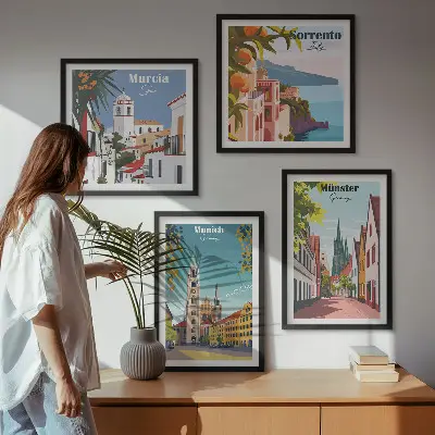 Miasta Europy kolorowe ilustracje poliptyk w ramie