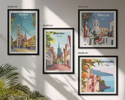 Miasta Europy kolorowe ilustracje poliptyk w ramie