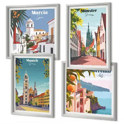 Miasta Europy kolorowe ilustracje poliptyk w ramie