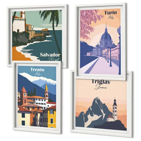 Zestaw 4 obrazów w ramie ilustracje z motywem gór w stylu retro