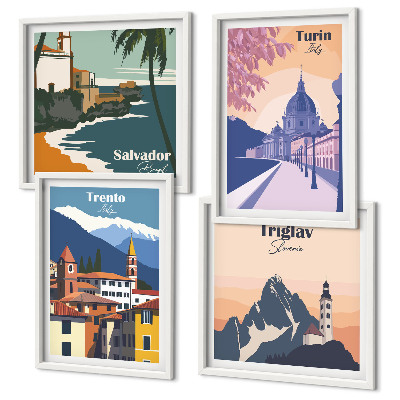 Zestaw 4 obrazów w ramie Góry retro architektura ilustracje