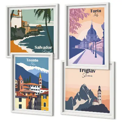 Zestaw 4 obrazów w ramie ilustracje z motywem gór w stylu retro