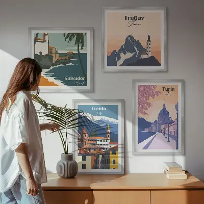 Zestaw 4 obrazów w ramie ilustracje z motywem gór w stylu retro