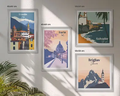 Zestaw 4 obrazów w ramie ilustracje z motywem gór w stylu retro