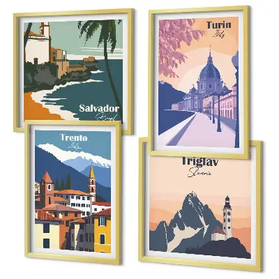 Zestaw 4 obrazów w ramie ilustracje z motywem gór w stylu retro