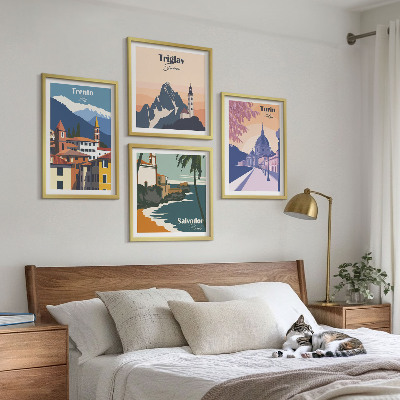 Zestaw 4 obrazów w ramie Góry retro architektura ilustracje