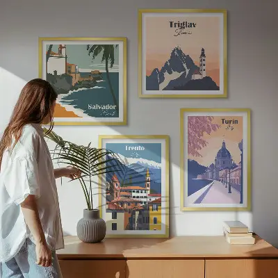 Zestaw 4 obrazów w ramie ilustracje z motywem gór w stylu retro