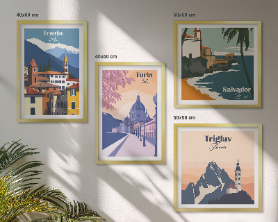 Zestaw 4 obrazów w ramie Góry retro architektura ilustracje