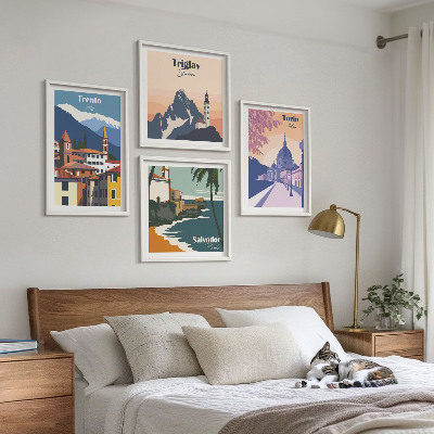 Zestaw 4 obrazów w ramie Góry retro architektura ilustracje
