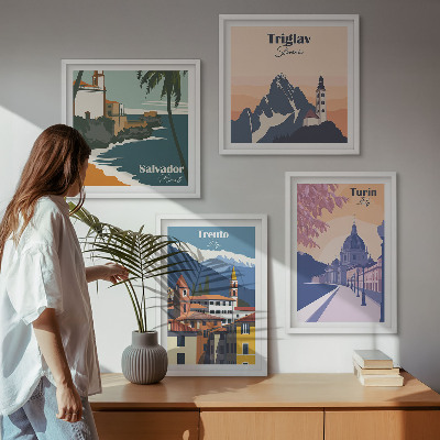 Zestaw 4 obrazów w ramie Góry retro architektura ilustracje