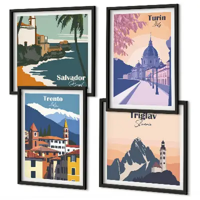 Zestaw 4 obrazów w ramie ilustracje z motywem gór w stylu retro