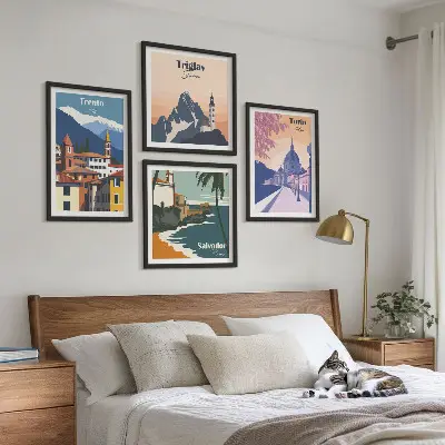 Zestaw 4 obrazów w ramie ilustracje z motywem gór w stylu retro