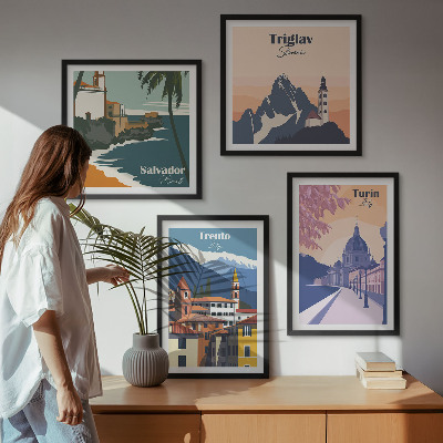Zestaw 4 obrazów w ramie Góry retro architektura ilustracje
