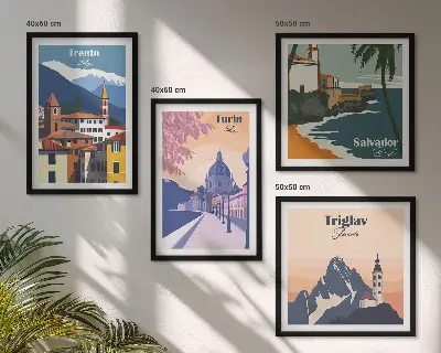 Zestaw 4 obrazów w ramie ilustracje z motywem gór w stylu retro