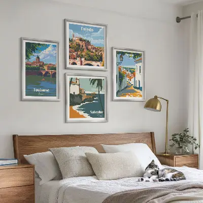 Grafiki miast w stylu retro poliptyk w ramie