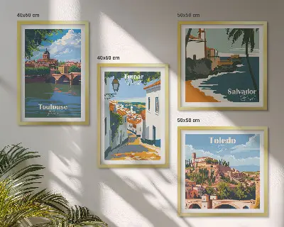 Grafiki miast w stylu retro poliptyk w ramie