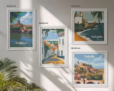 Grafiki miast w stylu retro poliptyk w ramie