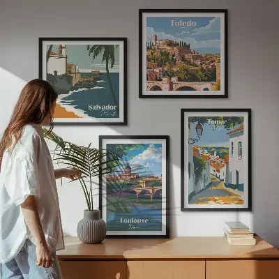 Grafiki miast w stylu retro poliptyk w ramie