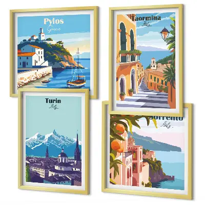Kolorowe ilustracje miast retro w formie poliptyku w ramie