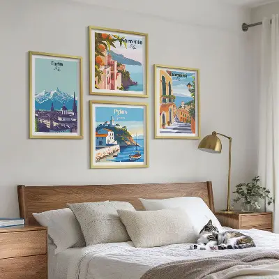 Kolorowe ilustracje miast retro w formie poliptyku w ramie