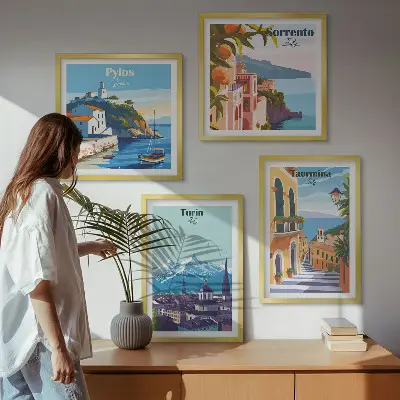 Kolorowe ilustracje miast retro w formie poliptyku w ramie