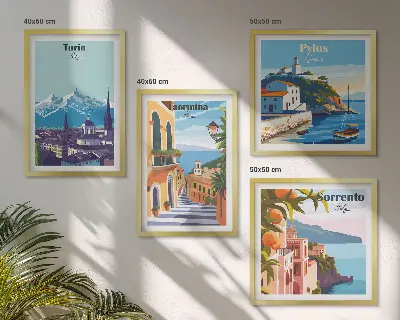 Kolorowe ilustracje miast retro w formie poliptyku w ramie