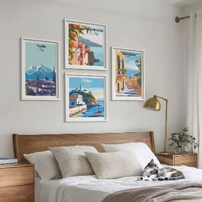 Kolorowe ilustracje miast retro w formie poliptyku w ramie