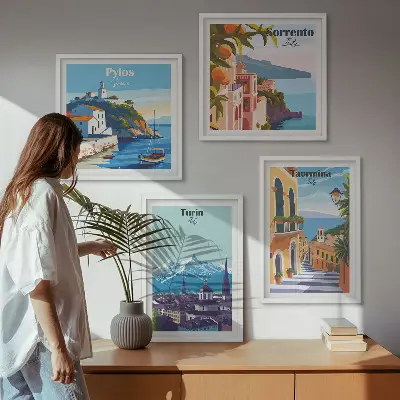 Kolorowe ilustracje miast retro w formie poliptyku w ramie