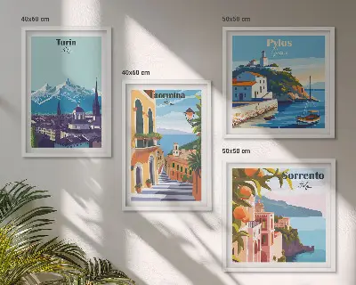 Kolorowe ilustracje miast retro w formie poliptyku w ramie