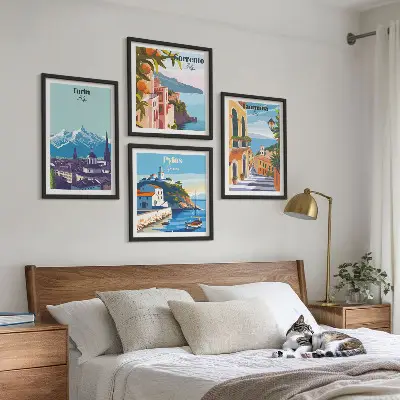 Kolorowe ilustracje miast retro w formie poliptyku w ramie