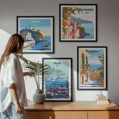 Kolorowe ilustracje miast retro w formie poliptyku w ramie