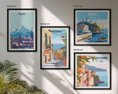 Kolorowe ilustracje miast retro w formie poliptyku w ramie