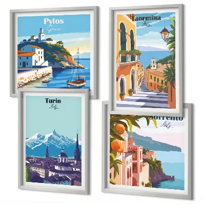 Kolorowe ilustracje miast retro w formie poliptyku w ramie